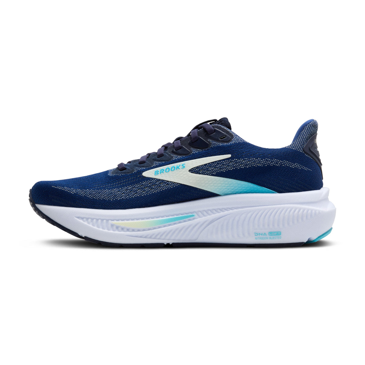 Brooks Ghost 17 women's running shoe in navy blue with turquoise and white accents