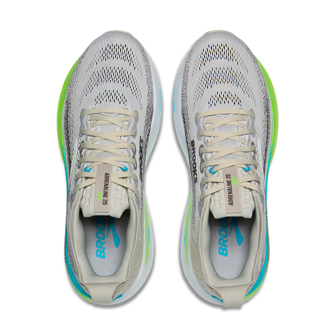 Brooks Adrenaline GTS 25 men's running shoe in oyster grey with green and blue accents