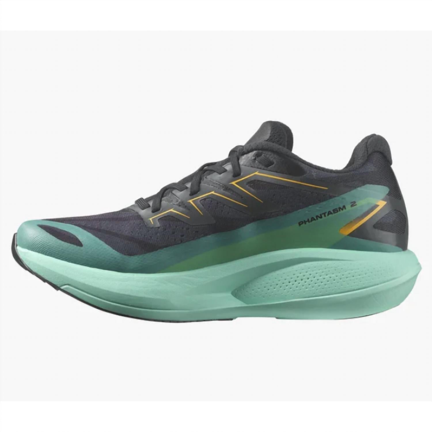 Salomon Phantasm 2 women's running shoe in black, teal, and gold colorway