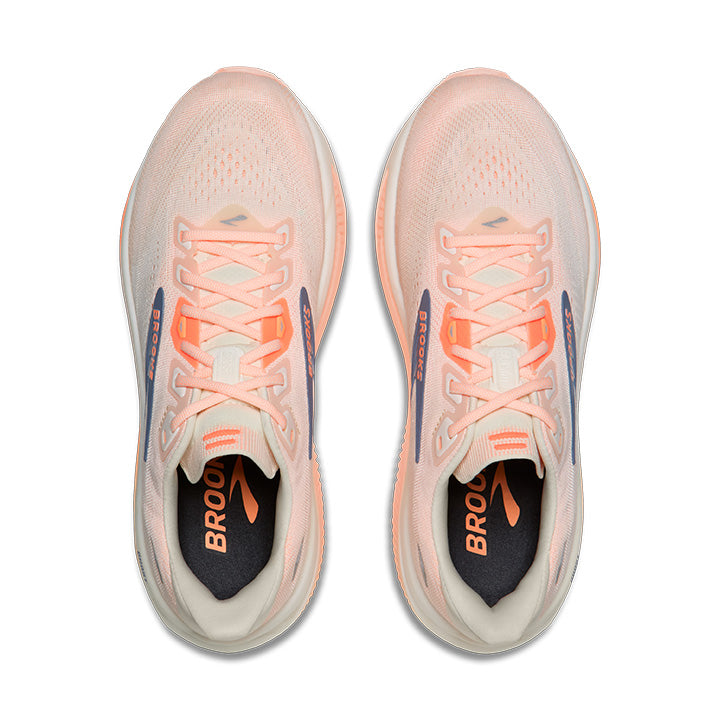 Brooks Ghost 18 women's running shoes in Star White/Cyber Peach/Grey colorway, top view showing both shoes