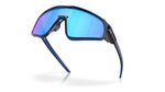 Oakley sunglasses with navy blue frame and blue mirrored lenses on white background