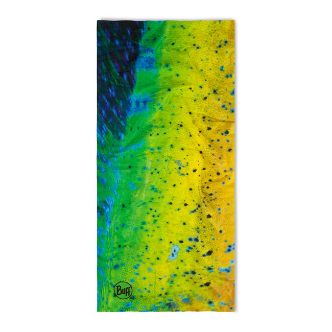 Buff Cool Net UV+ neck gaiter in Dorado colorway with blue-yellow gradient
