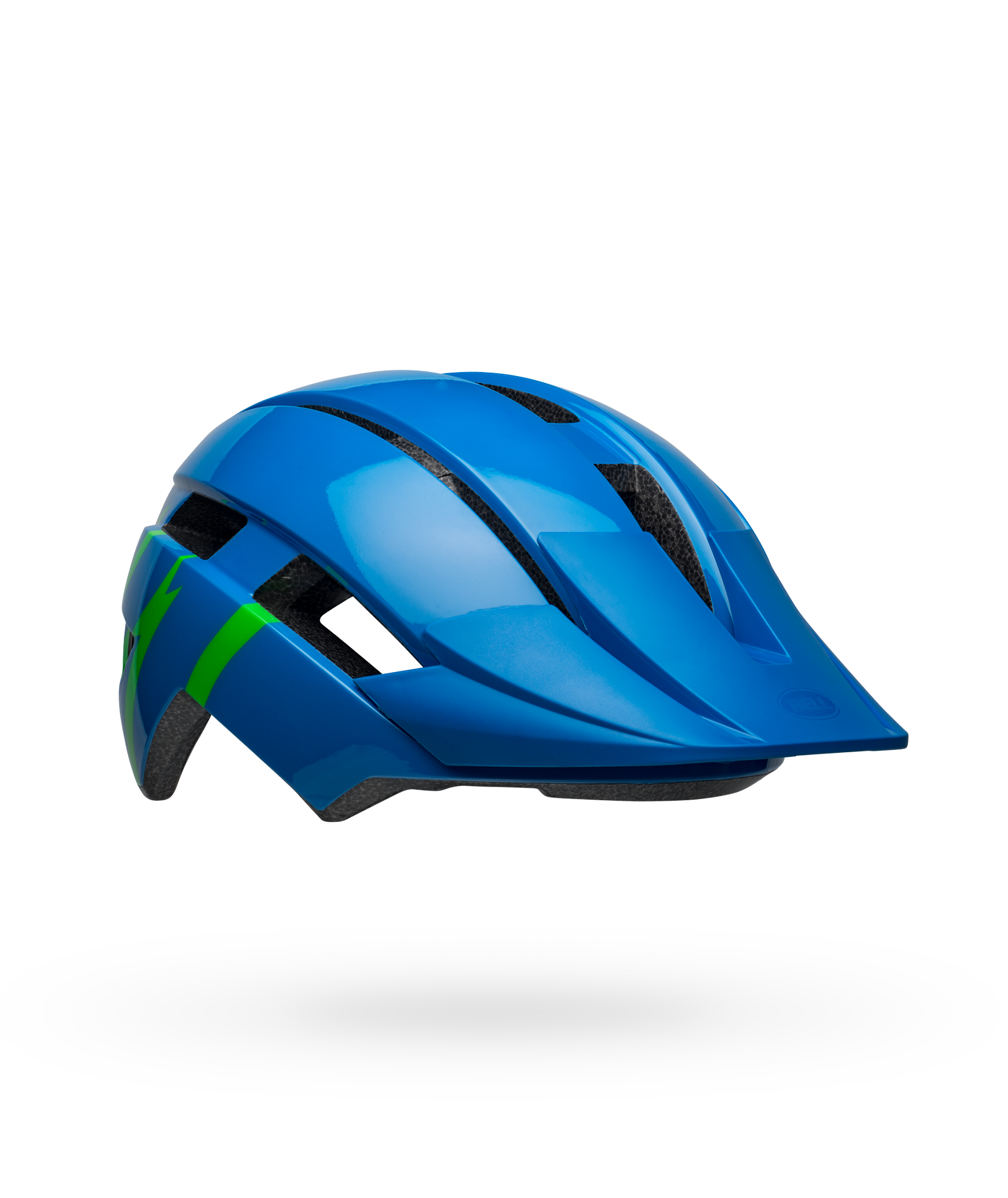 Bell Sidetrack II youth mountain bike helmet in blue with green lightning bolt graphics