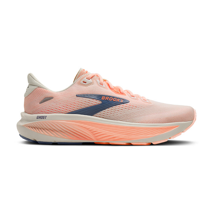 Brooks Ghost 18 women's running shoe in Star White/Cyber Peach/Grey colorway with coral accents