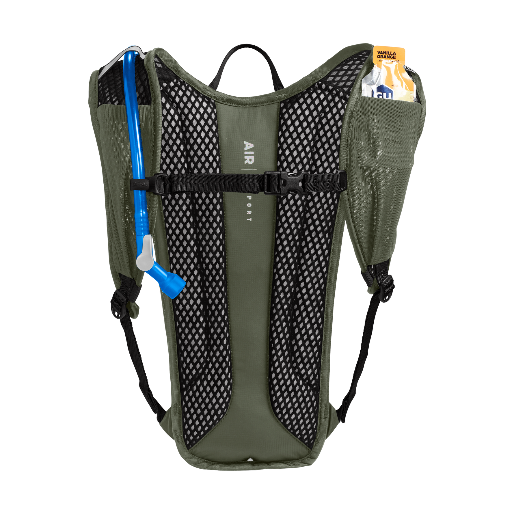 CamelBak Rogue Light hydration pack in dusty olive with blue hydration tube and mesh back panel