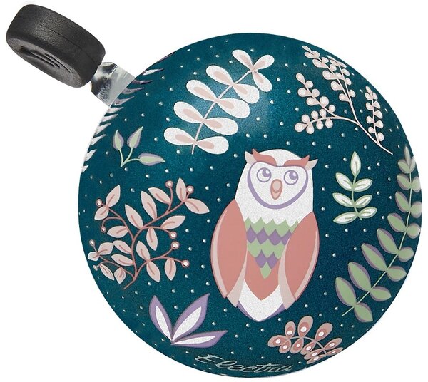 Electra bicycle bell in dark teal with decorative owl and botanical leaf pattern