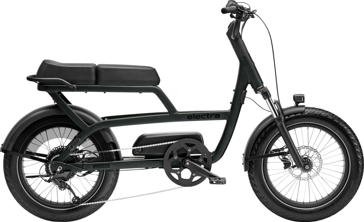 Black Electra Ponto Go electric bike with step-through frame and rear cargo area