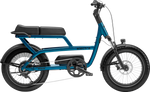 Blue Electra Ponto electric bike with black seat and accessories on white background