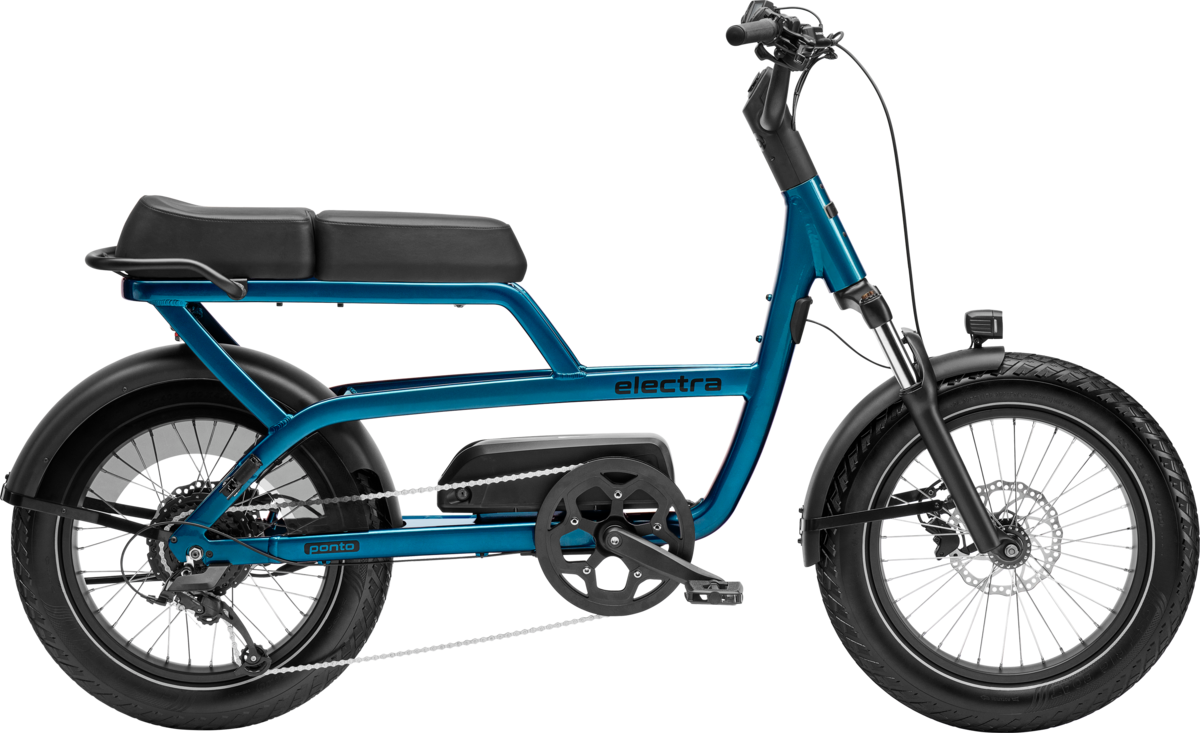 Blue Electra Ponto electric bike with black seat and accessories on white background