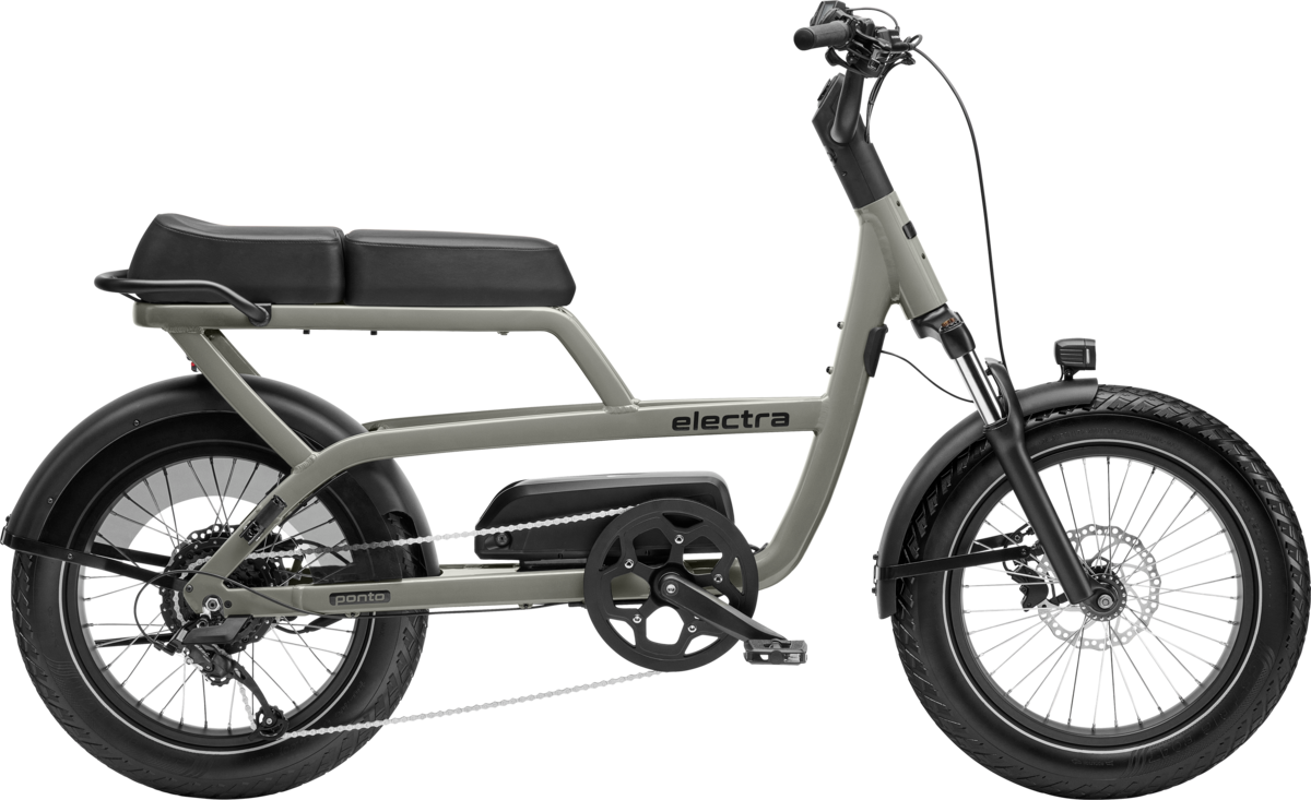 Electra Ponto Go electric bike in white with black seat and accessories