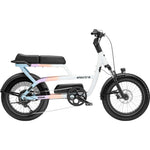 Electra Ponto Go electric bike in white with iridescent rainbow graphics