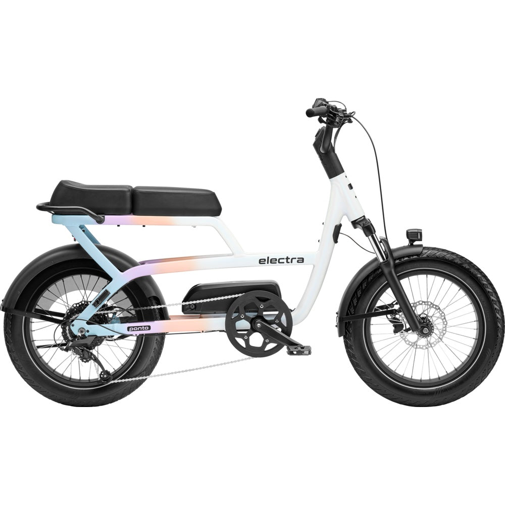 Electra Ponto Go electric bike in white with iridescent rainbow graphics