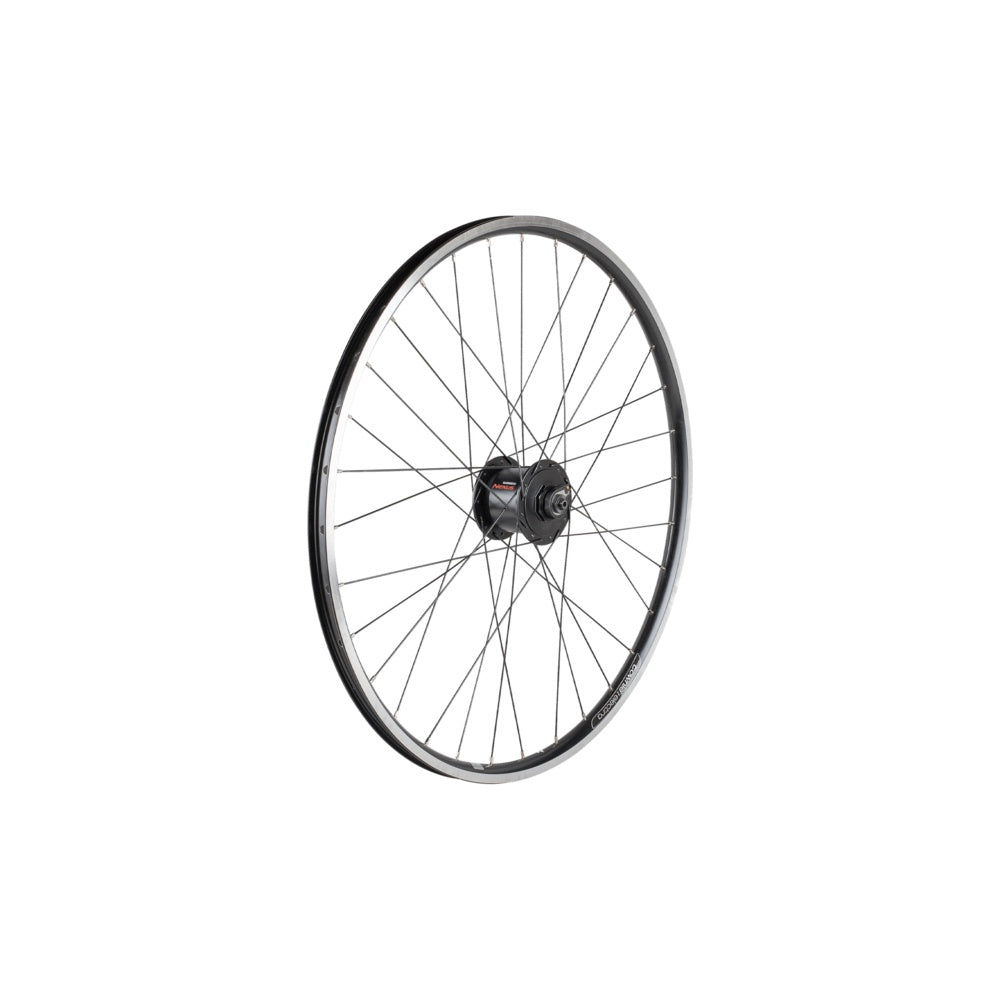Black front bicycle wheel with spokes and hub on white background
