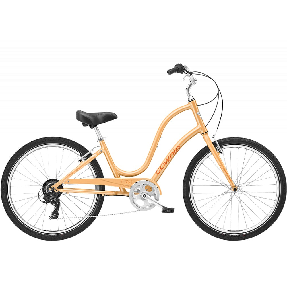Orange Electra Townie 7D Step-Thru bicycle with curved frame and comfort design