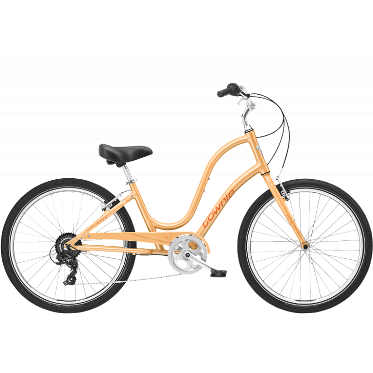 Electra Townie 7D Step-Thru bicycle in orange/marigold color with curved frame