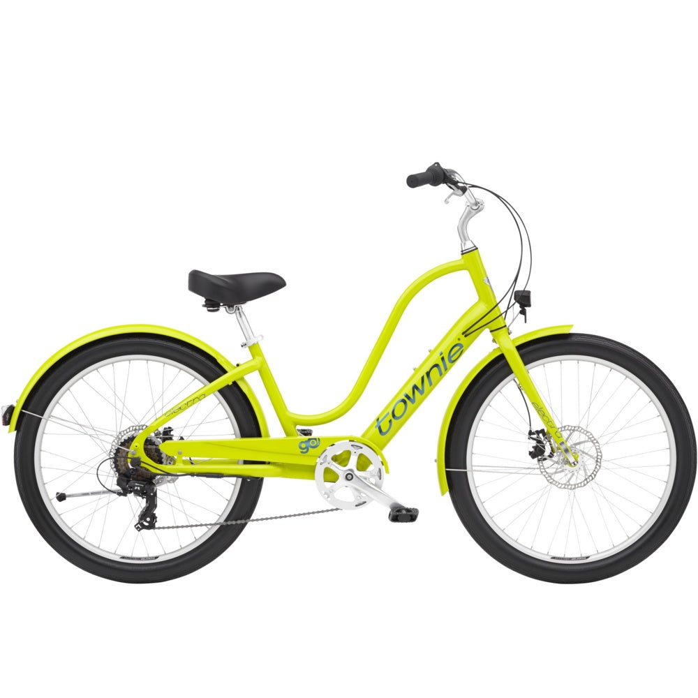 Bright yellow Electra Townie GO electric bicycle with step-through frame on white background