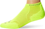 Bright yellow Experia no-show athletic sock on foot against white background