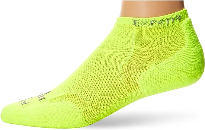 Bright yellow Experia no-show athletic sock on foot against white background