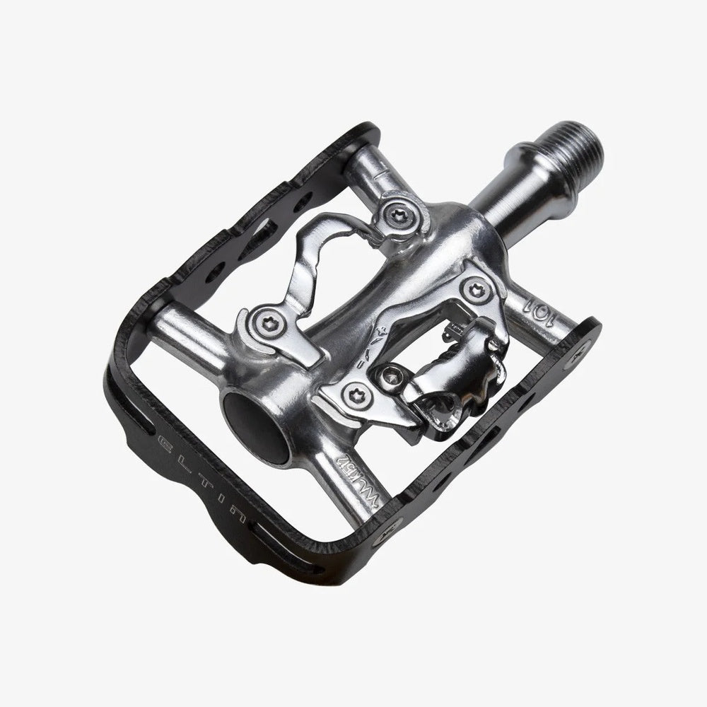 Eltin dual-sided bicycle pedal with SPD clipless mechanism and platform cage