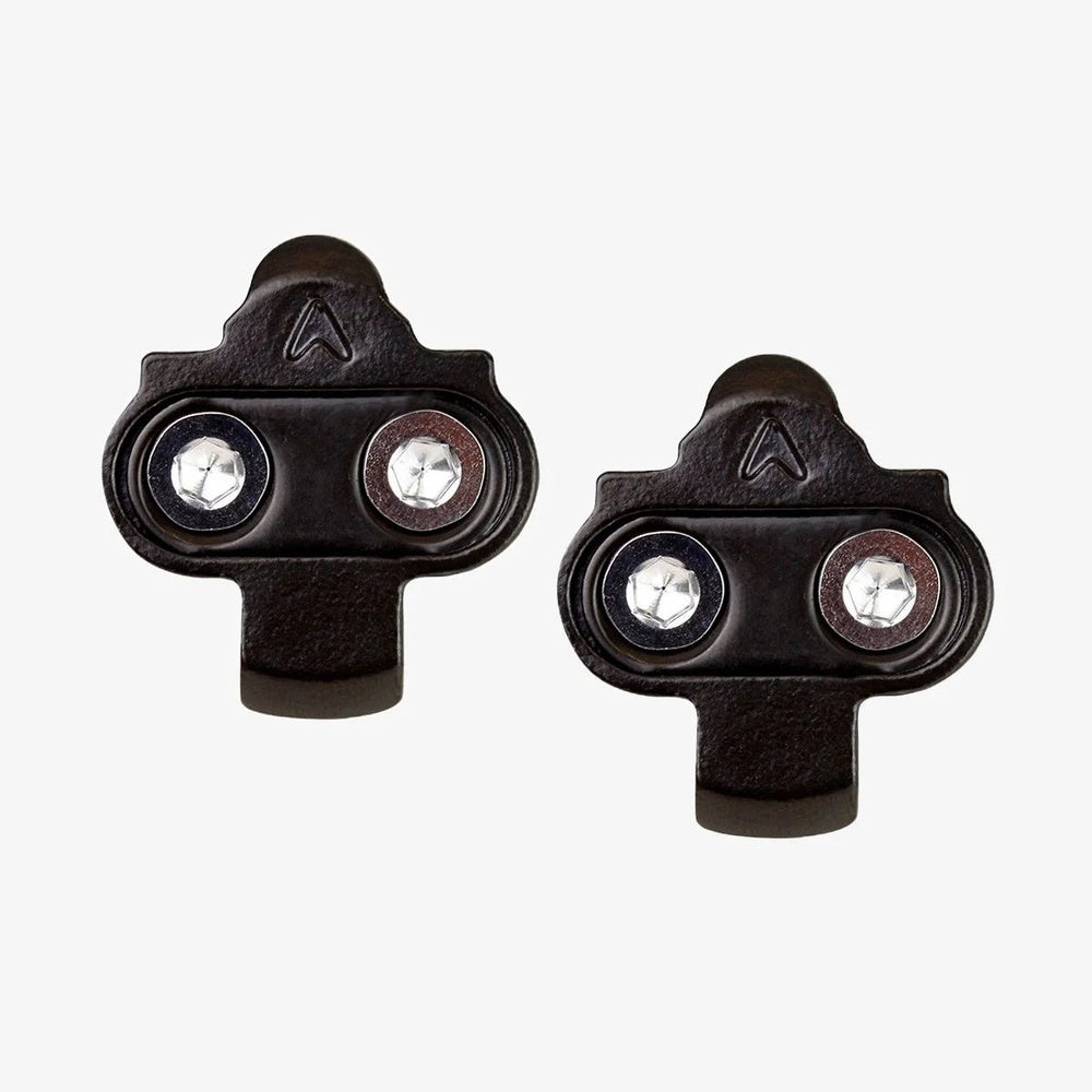 Pair of black Eltin SPD compatible bike cleats with silver metal hardware