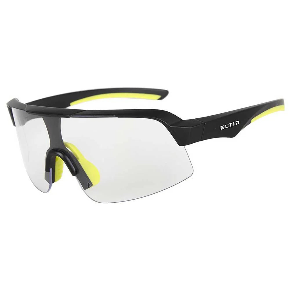Eltin sports sunglasses with black frame, yellow accents and photochromatic lenses