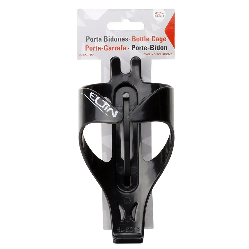 Eltin black bicycle bottle cage with mounting hardware in retail packaging
