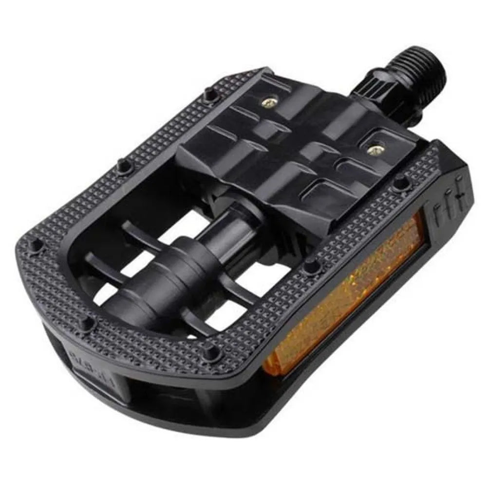 Black Eltin bicycle pedal with textured grip surface and orange reflector strip