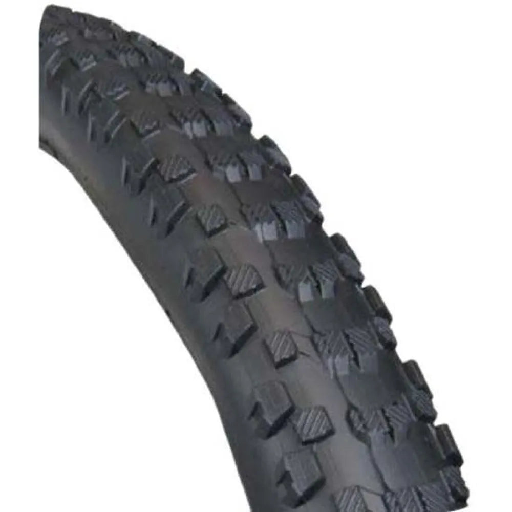 Black mountain bike tire with aggressive knobby tread pattern on white background
