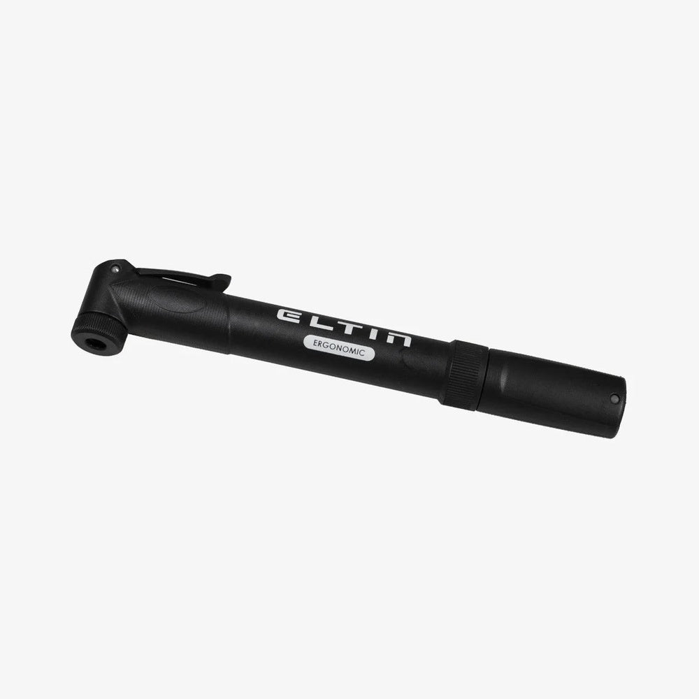 Black ELTIN ergonomic mini bike pump with reversible valve and angled head