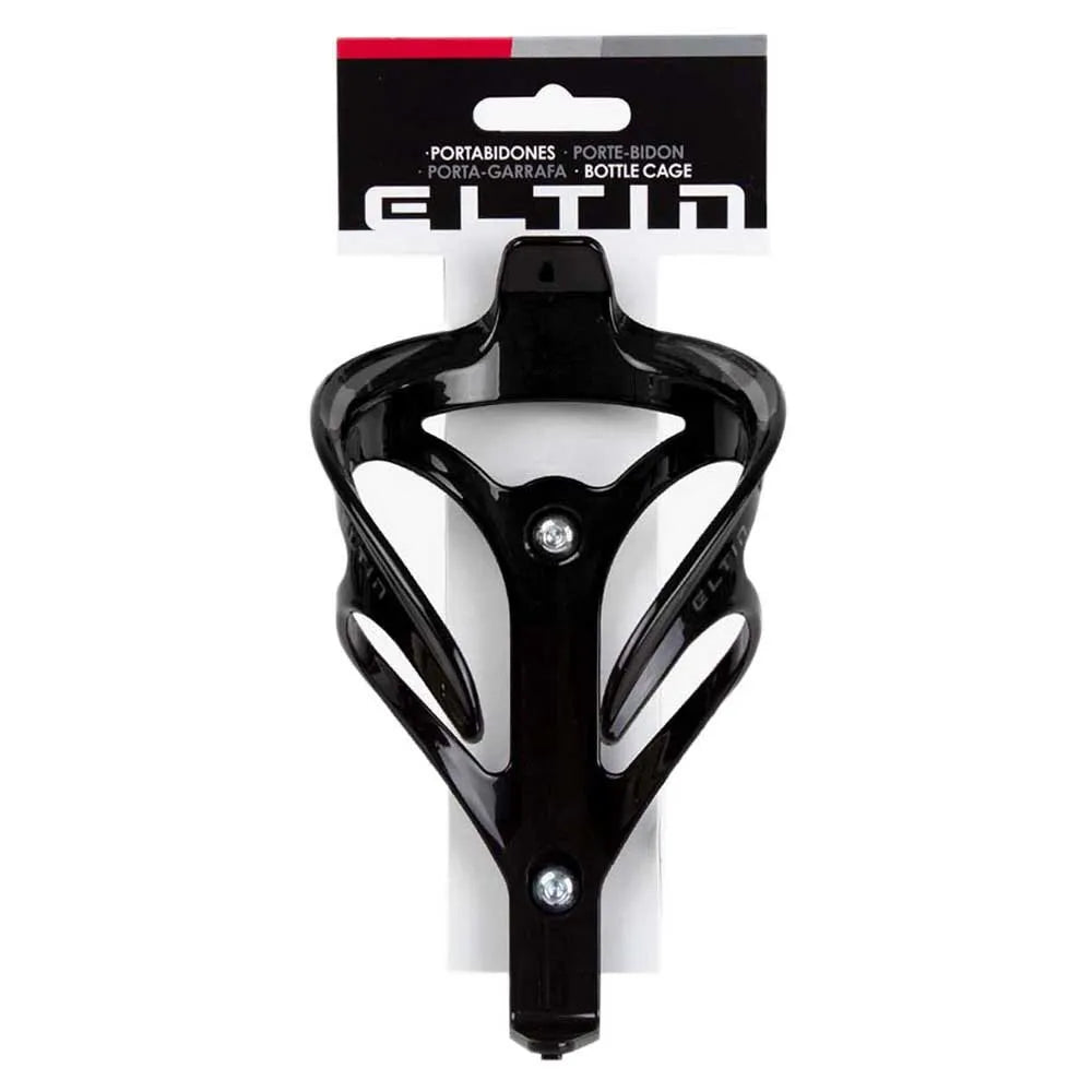 Eltin black bicycle bottle cage with aerodynamic design in retail packaging