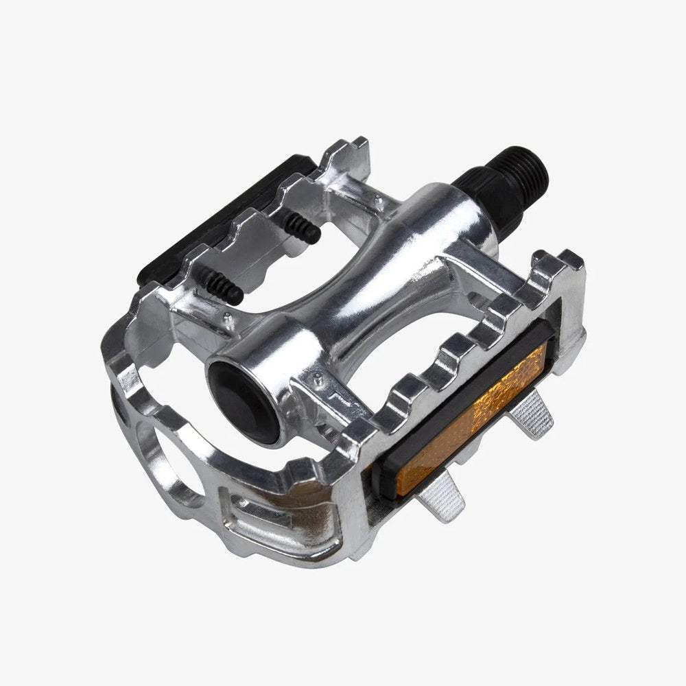 ELTIN aluminum bicycle pedal with chrome finish and orange reflector on white background