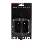 Black Eltin platform pedals with pins in retail packaging