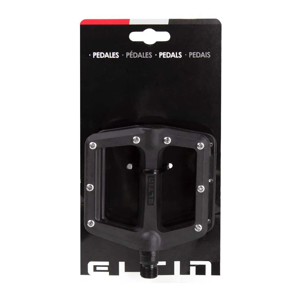 Black Eltin platform pedals with pins in retail packaging