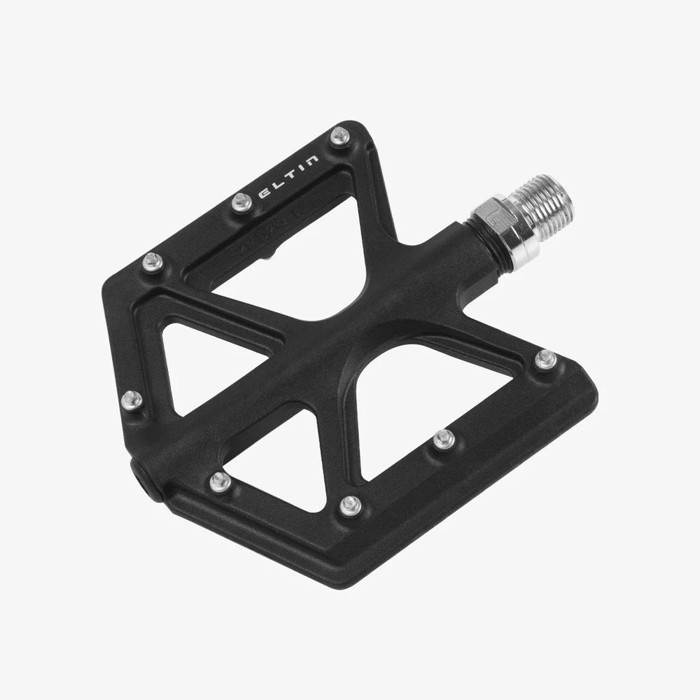 Black ELTIN platform pro pedal with silver bolts on white background