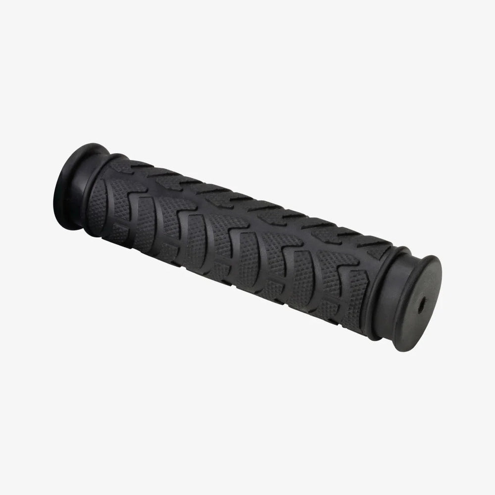Black rubber bike grip with chevron tread pattern and end caps