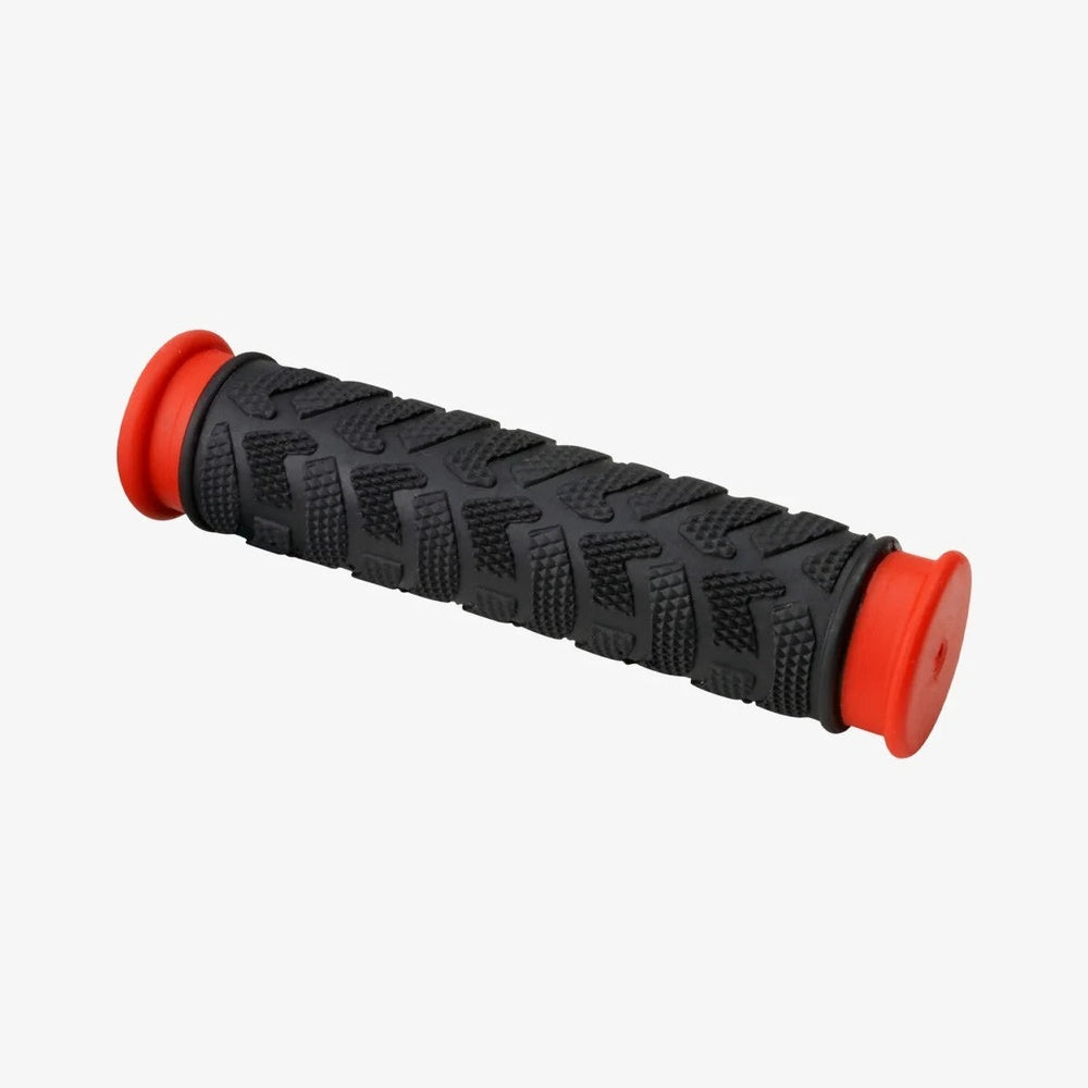 Black rubber bike grip with textured diamond pattern and red end caps