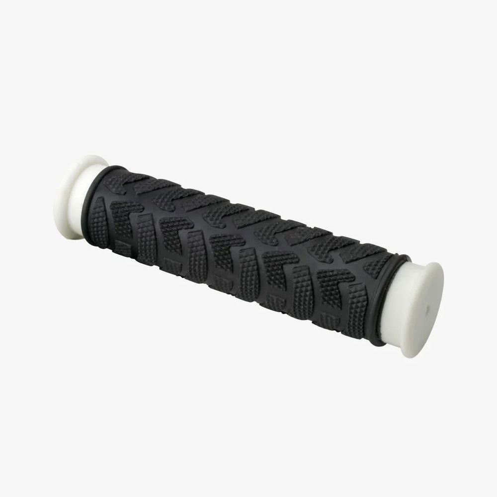 Eltin Pro black rubber bicycle handlebar grip with white end caps on gray background