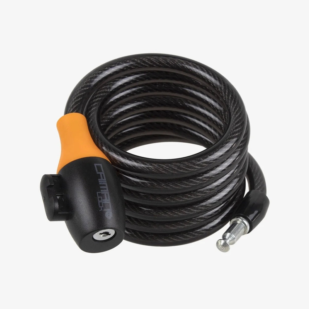 Black spiral cable bike lock with orange grip and key mechanism