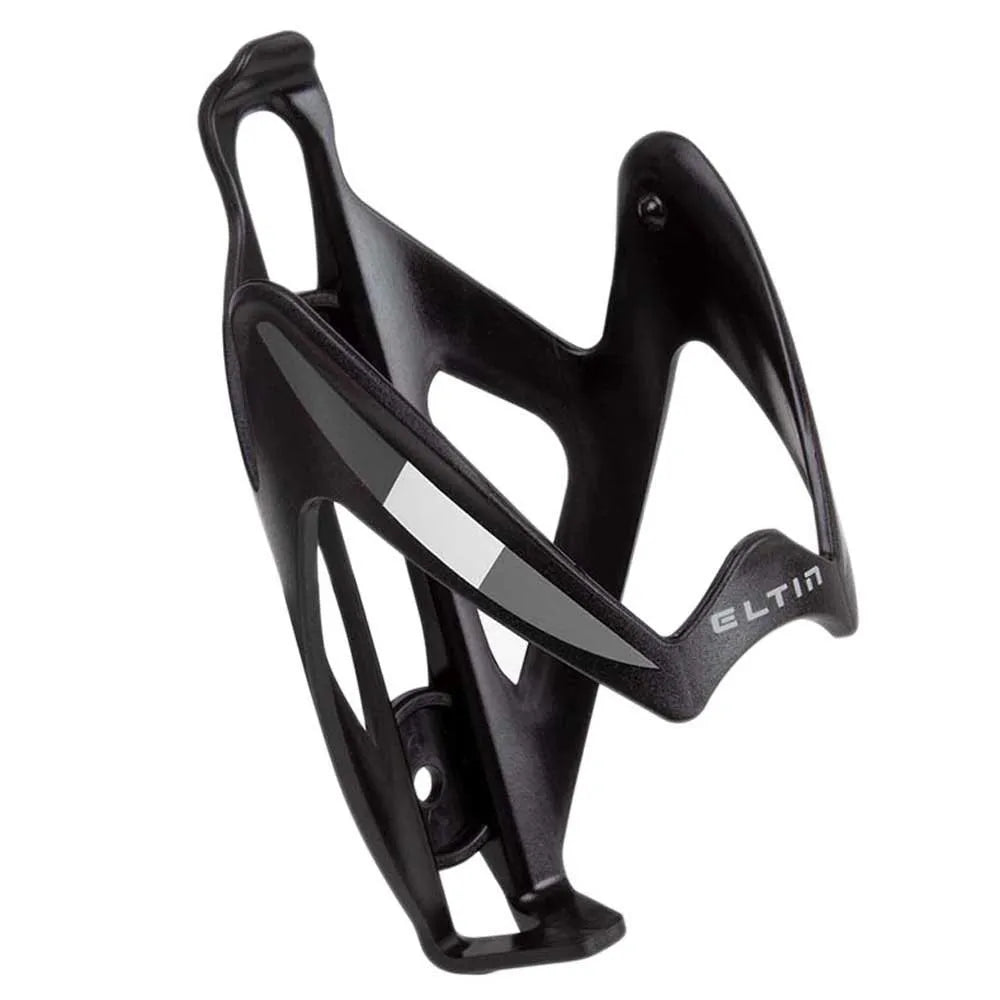 ELTIN Track black bicycle bottle cage with aerodynamic design on white background