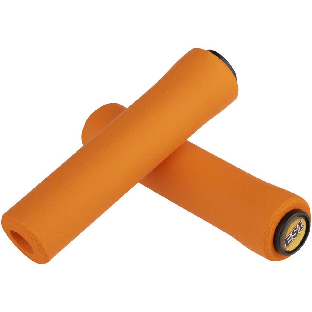 ESI Extra Chunky orange bicycle grips with black end caps on white background
