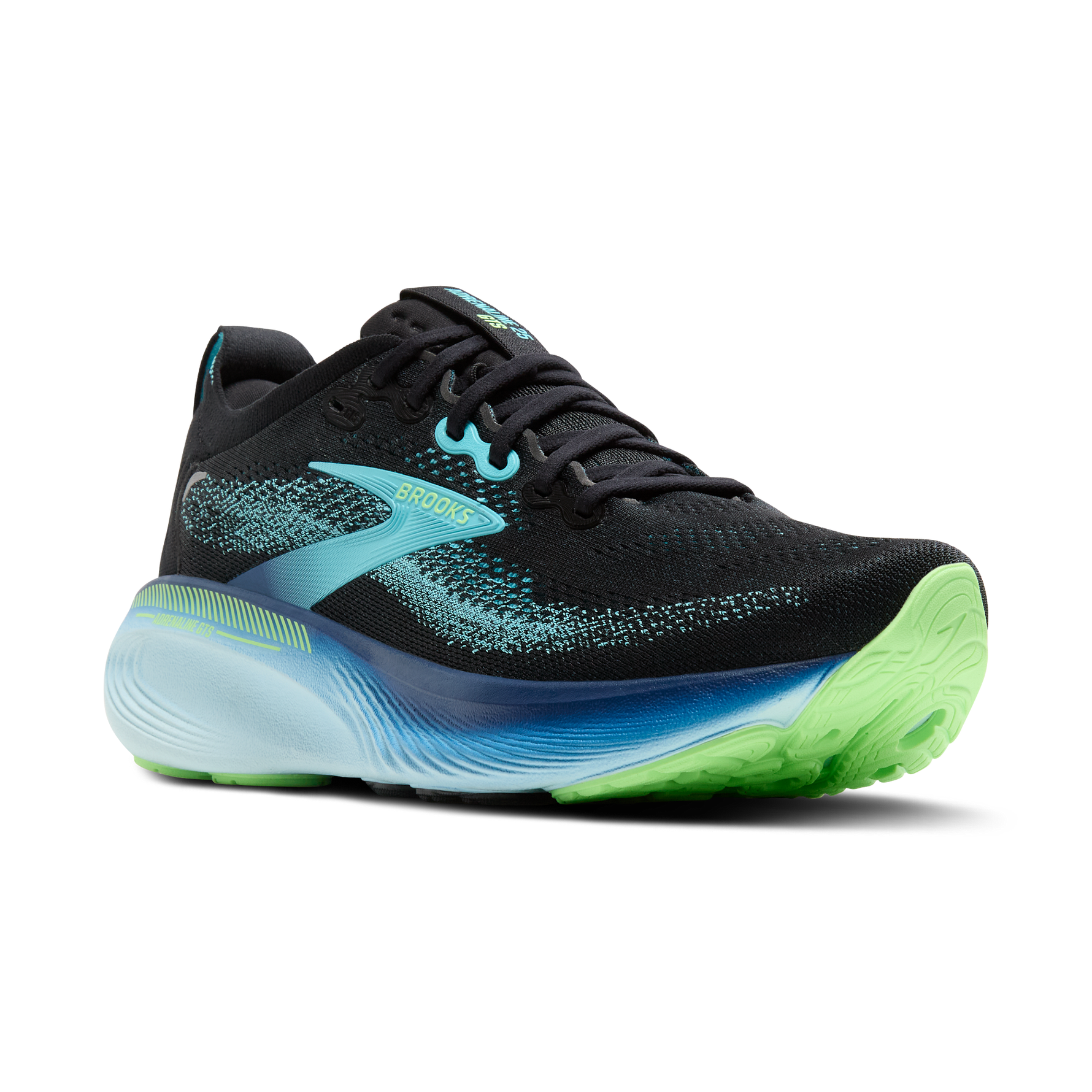 Brooks Adrenaline GTS 25 men's running shoe in black with blue and mint accents