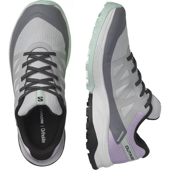 Salomon Outrise Clima women's trail running shoes in quarry gray with orchid purple and mint accents