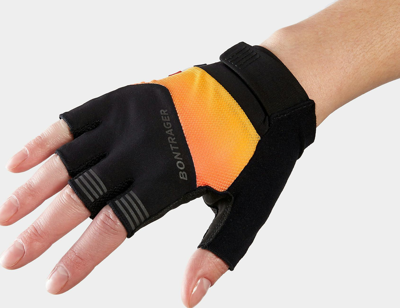 Bontrager Circuit Gel cycling gloves with black base and orange accent panel worn on hand