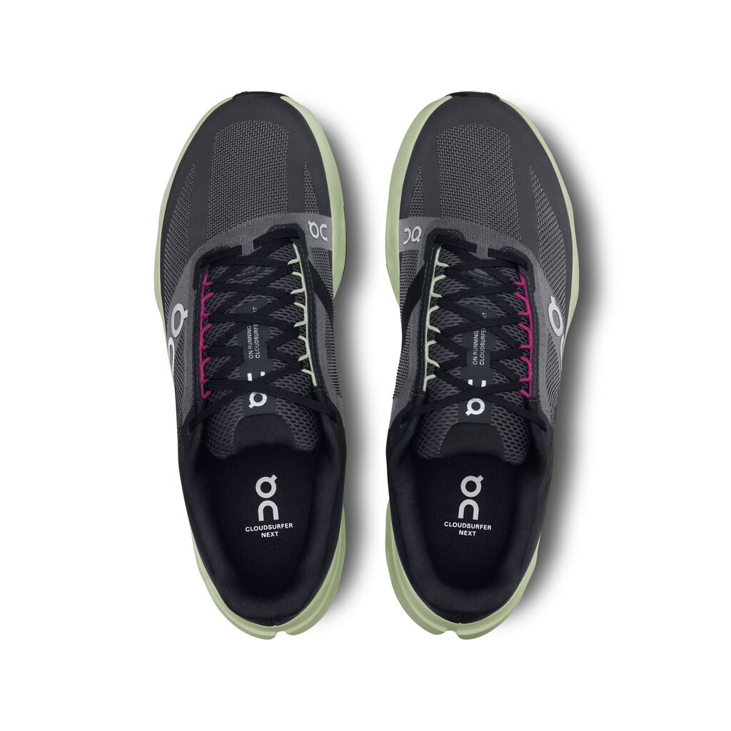 On Cloudsurfer Next men's running shoes in black with lime green accents, top view
