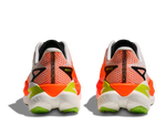 Hoka Mach X 3 running shoes in white with orange and lime green details, rear view