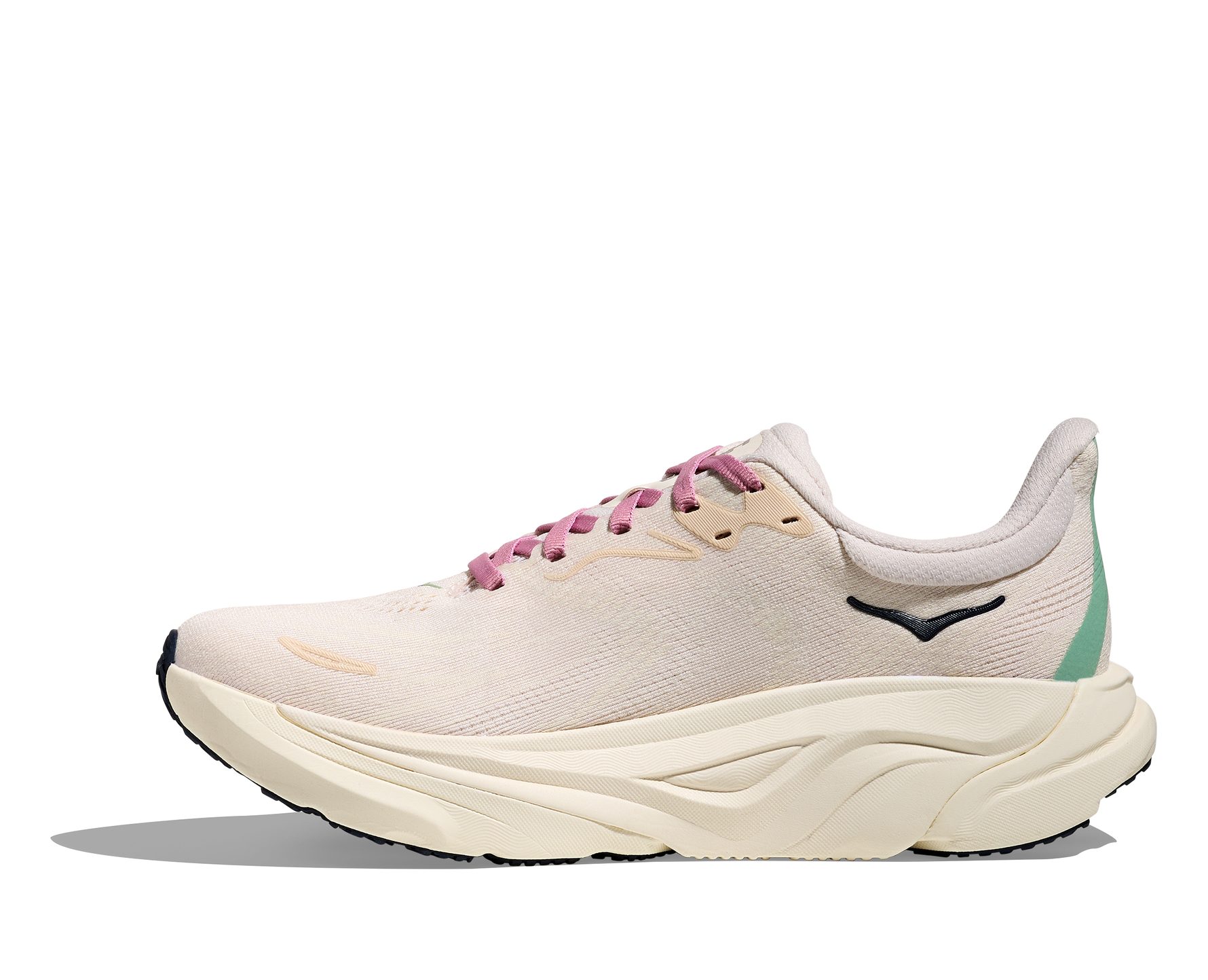 HOKA Arahi 8 women's running shoe in rose cream colorway with pink laces