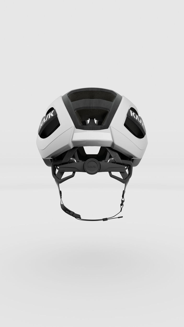 Kask Elemento cycling helmet in white and silver colorway, rear view