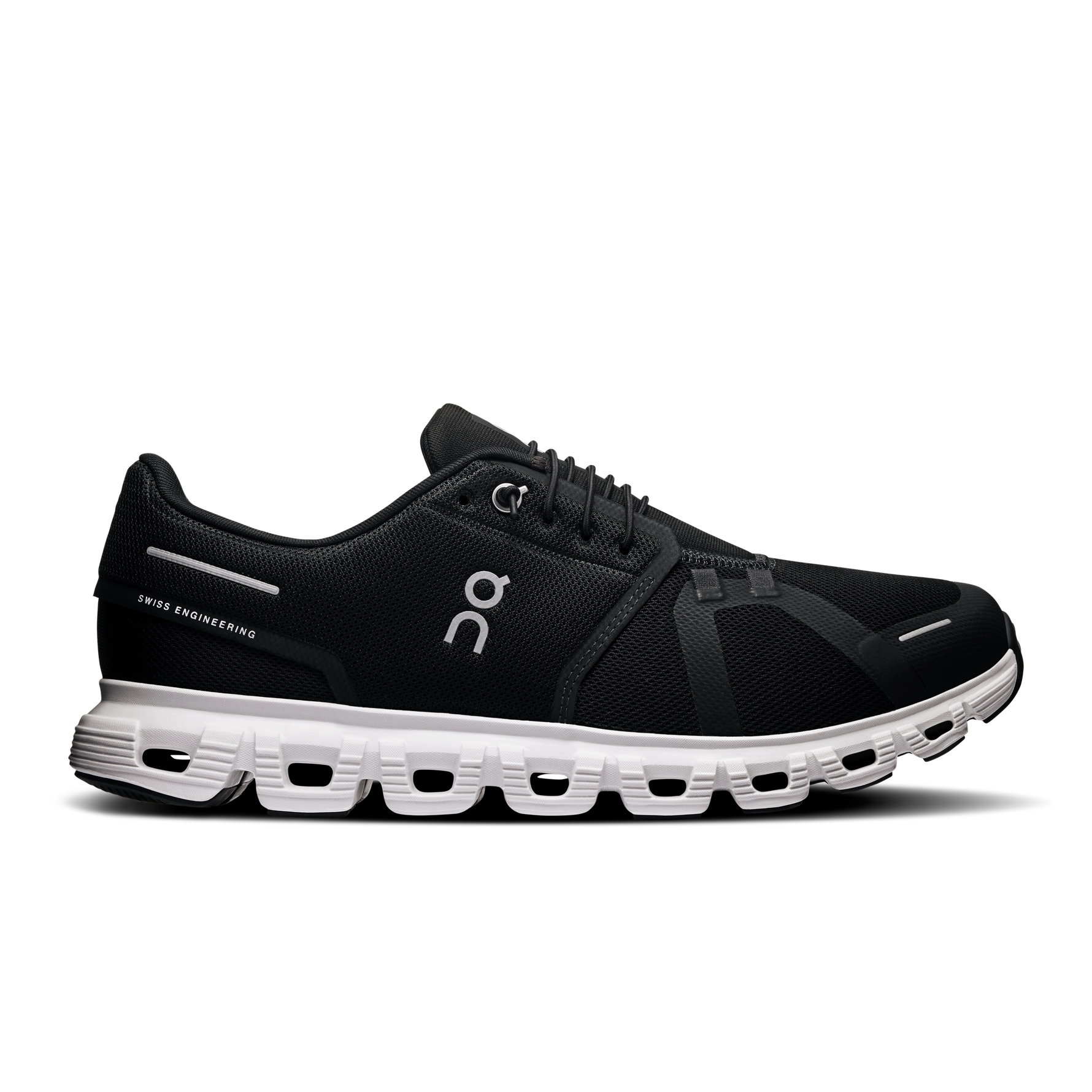 On Cloud 5 men's running shoe in black with white CloudTec midsole, lateral view