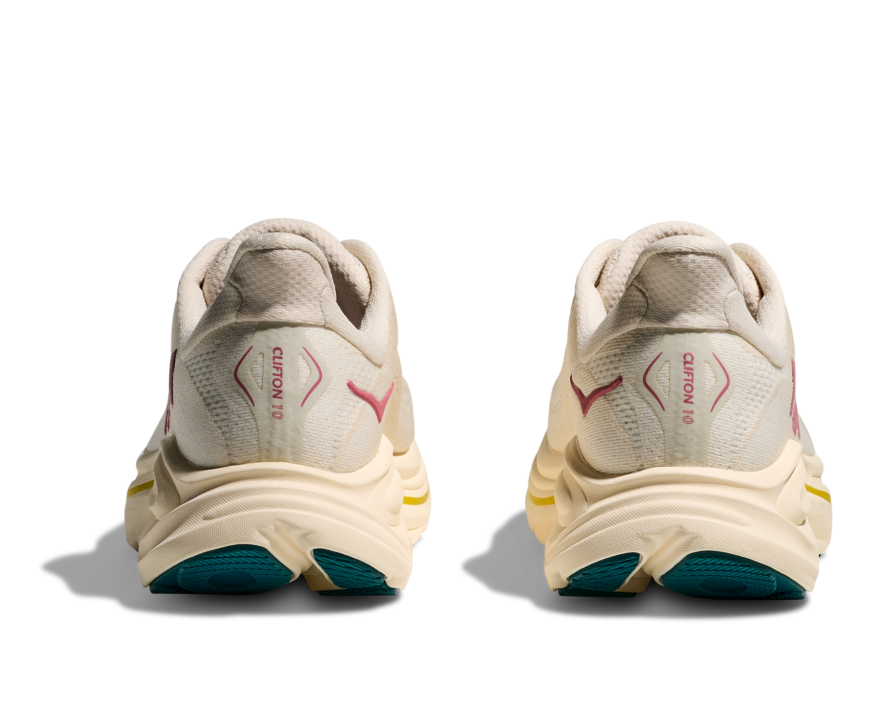 Hoka Clifton 10 women's running shoes in birch/alabaster colorway, rear view showing heel design