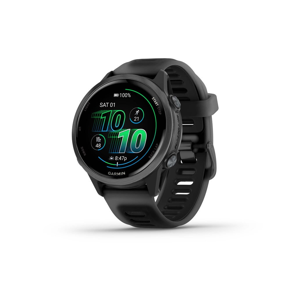 Garmin Forerunner smartwatch in slate gray with black silicone band showing colorful display